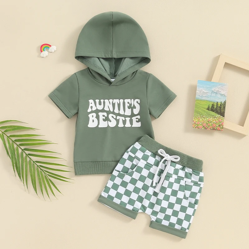 

Infant Toddler Kids Baby Boys Summer Clothing Sets Letter Print Short Sleeve Hooded Sweatshirts+Plaid Drawstring Shorts Outfits