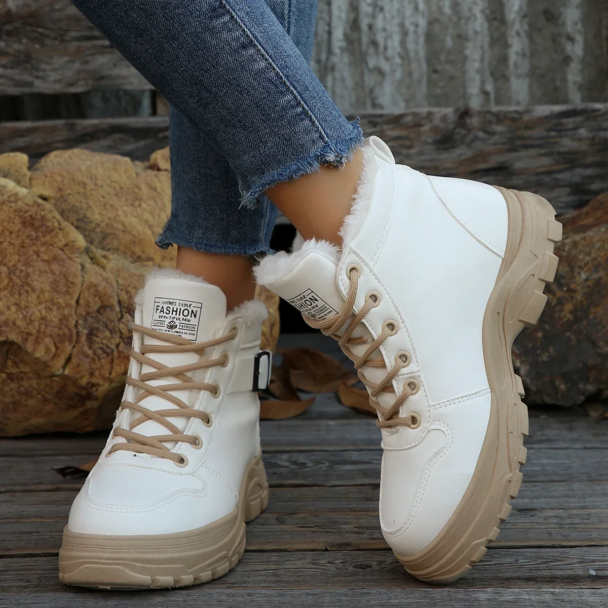 

2024 Autumn/Winter New Warm Women's Boots with Fleece Thicker Lace-up Platform Ankle Boots Shoes Women Shoes