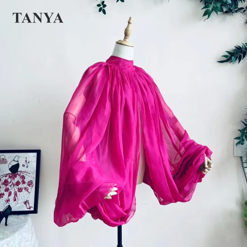 Hot Pink Silk Chiffon Wedding Cloak Puffy Sleeves Jacket Bridal Accessories Short Bolero Shawl Free Size High Neck With Buttons