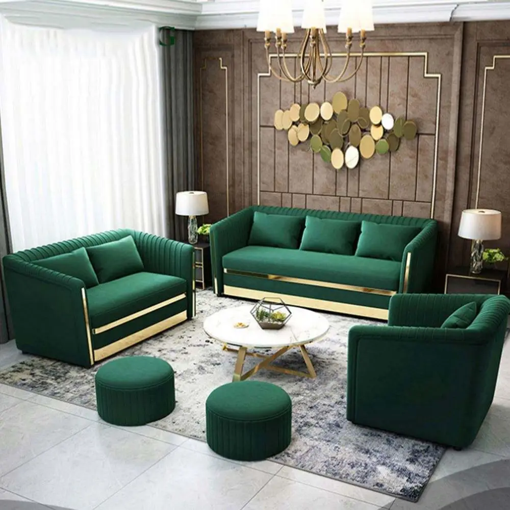 High end modular modern and luxury green velvet sectional sofa living room sofa set