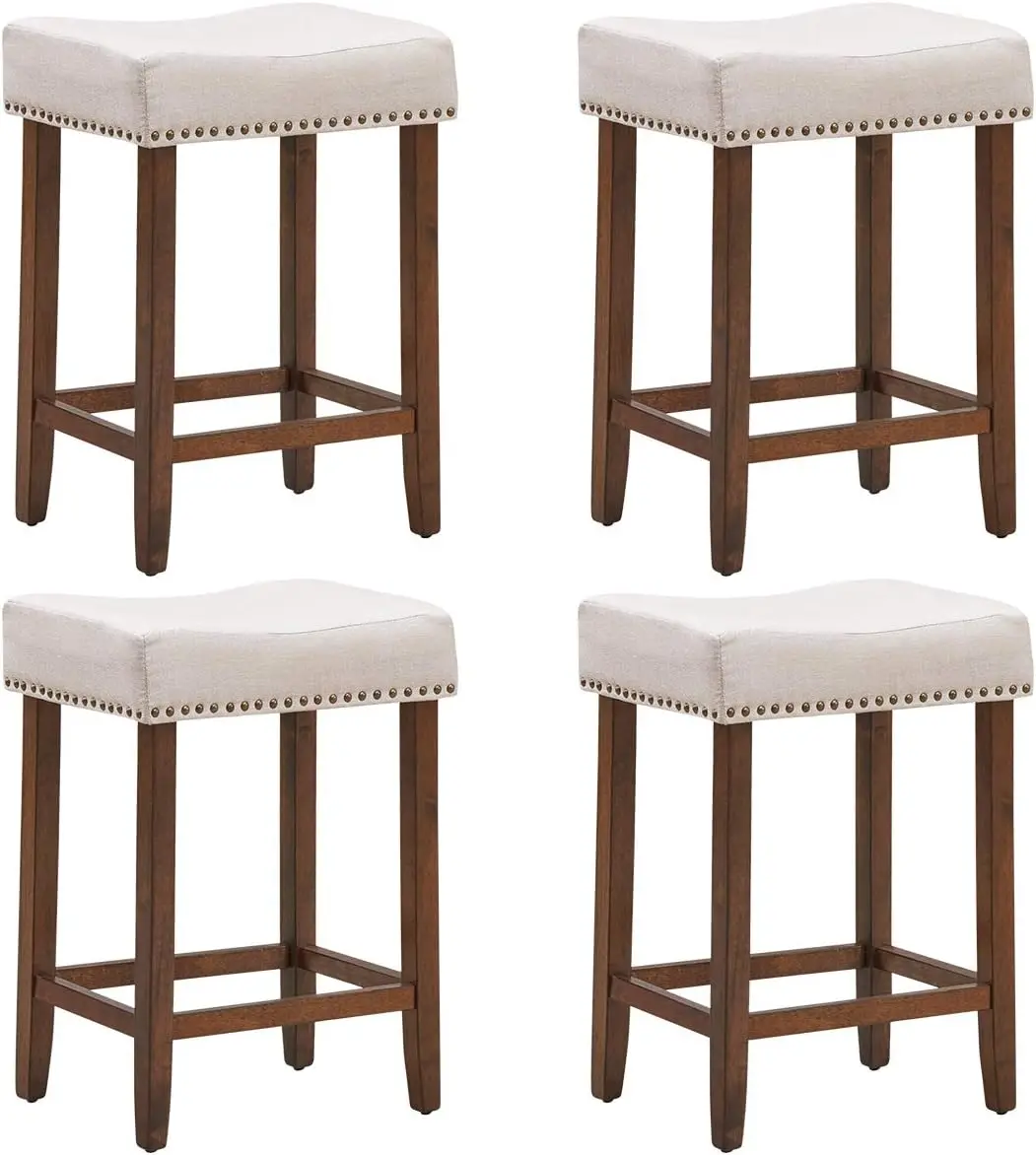 

ERGOMASTER Counter Height Bar Stools Set of 4 Backless Fabric Barstools 24-Inch Modern Wood Saddle Bar Stools with Nailhead Trim