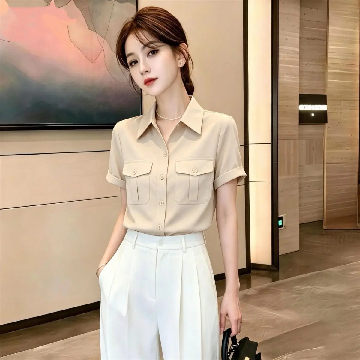 Retro Collar Pure Color Casual Short Sleeve Open Cardigan Shirt Summer Single Button Simple Fashion Trend High-End Feeling Bl...