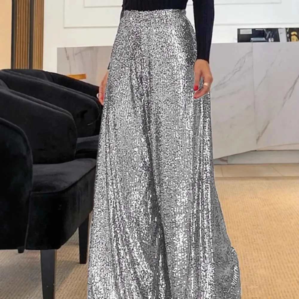 여성용 바지 우아한 실로 짜인 하이웨이스트 와이드 레그 팬츠 패션 바지 클럽 나이트 스팽글 탄력성 바지