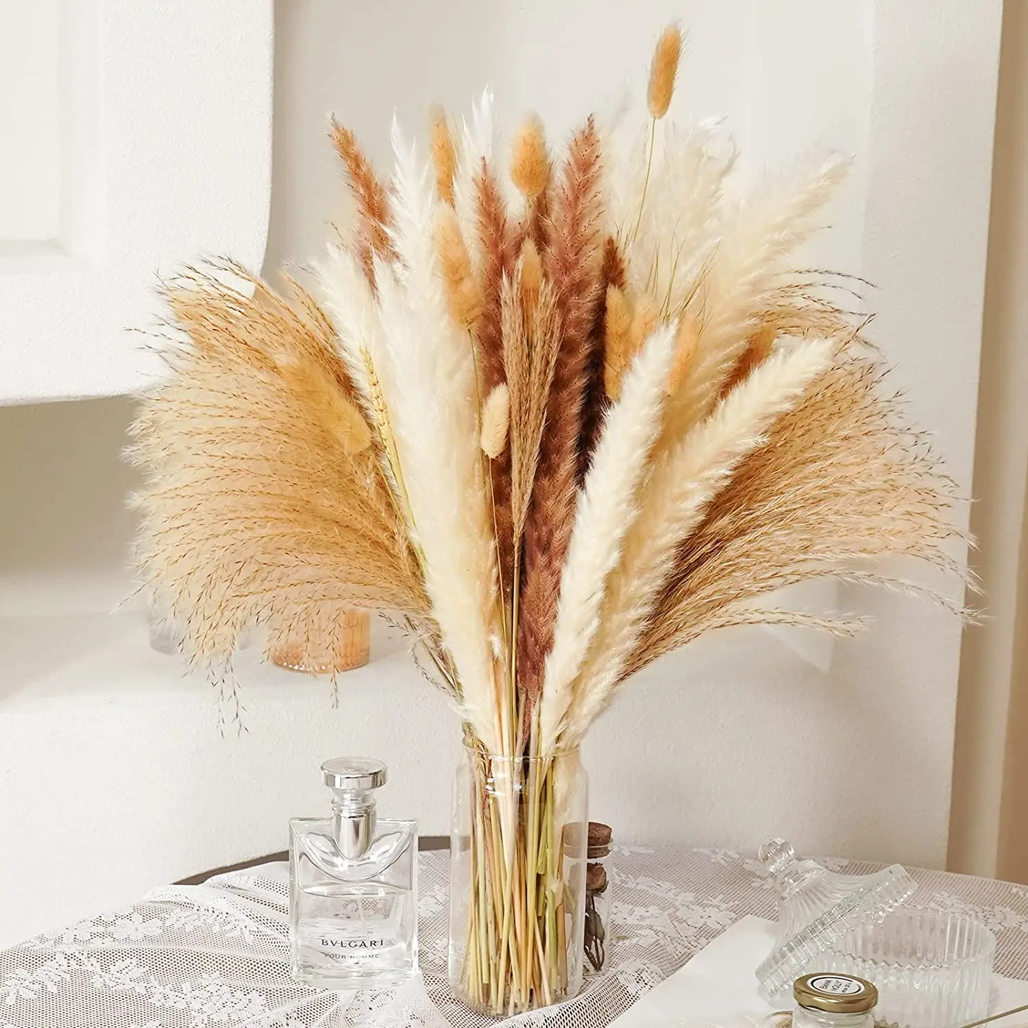 80 Pcs Dried Pampas Grass Decor Flowers Bouquet Pompass Grass Branches/ Pompous Grass for Flower Arrangements Wedding Home Decor