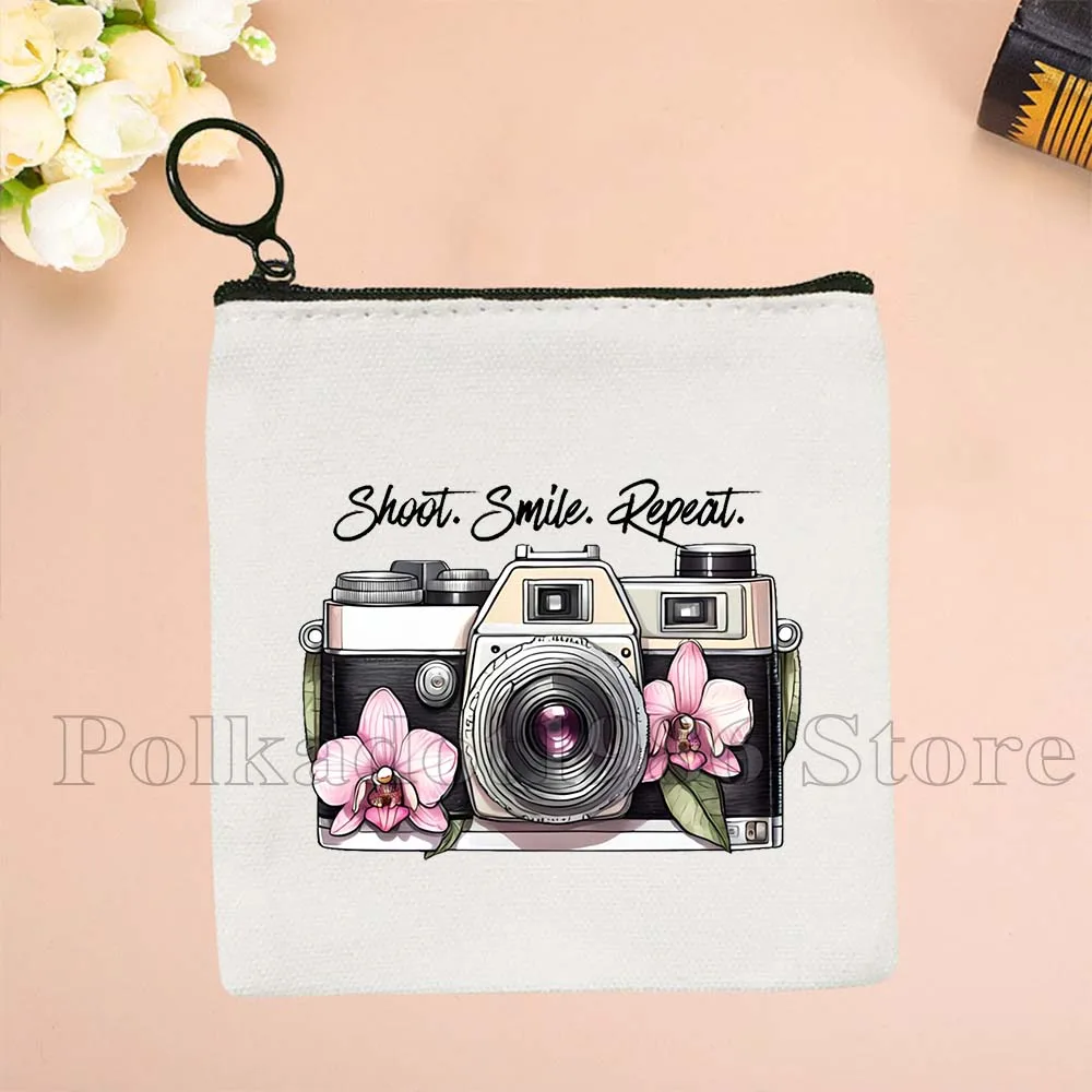 Cute Floral Flashback Vintage Cameras Classic Retro Old Brown Leather Camera Canvas Coin Purse Key Case Small Bag Wallet Pouch