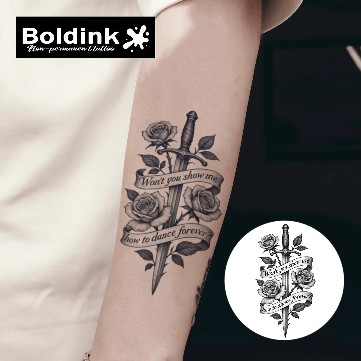 Boldink Non-Permanent Tattoo Technology Rose and Sword Inspired Design Romantic Tattoo Stickers Waterproof for 1-2 Weeks.