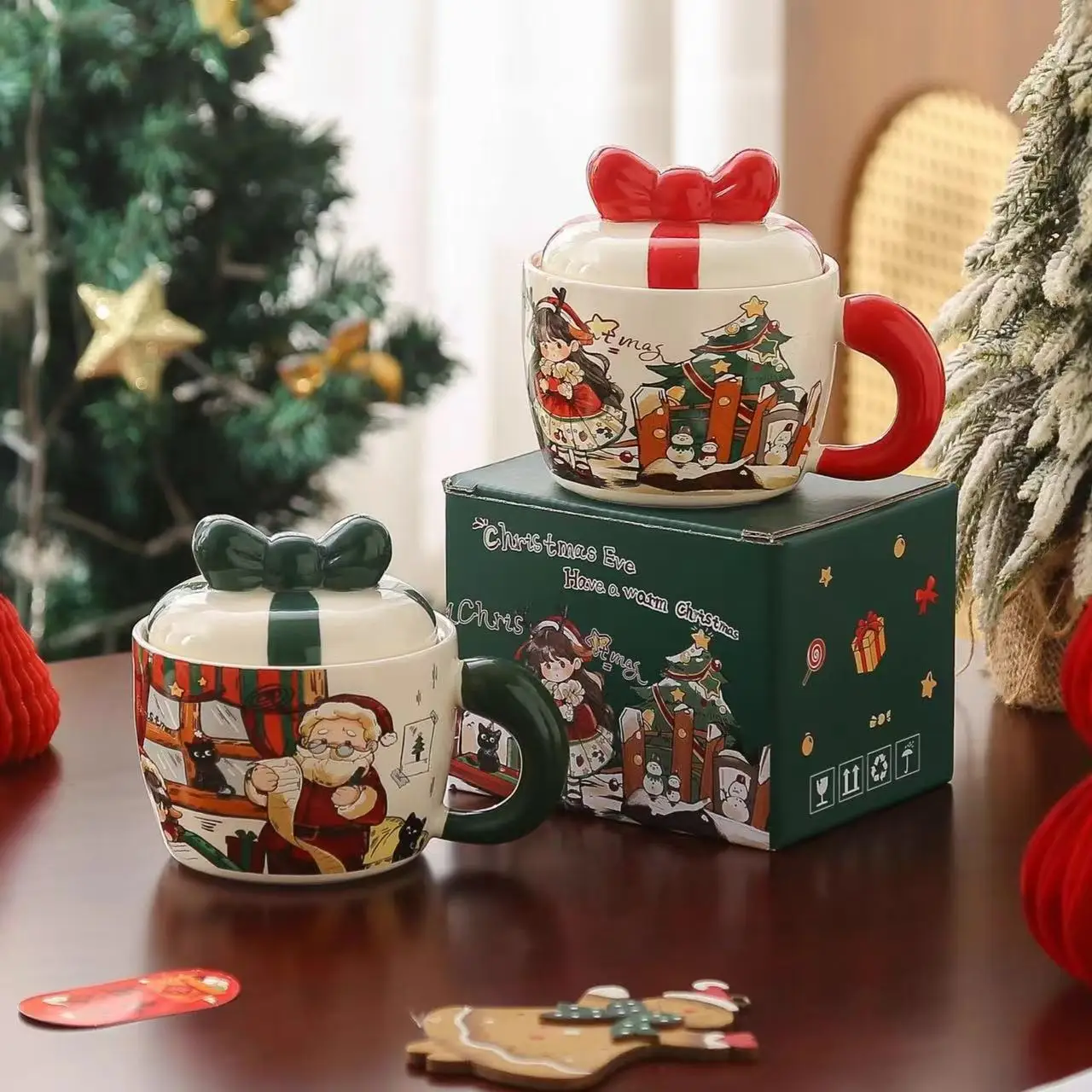 Christmas bow with lid ceramic mug cute cartoon water cup holiday gift cup gift box set