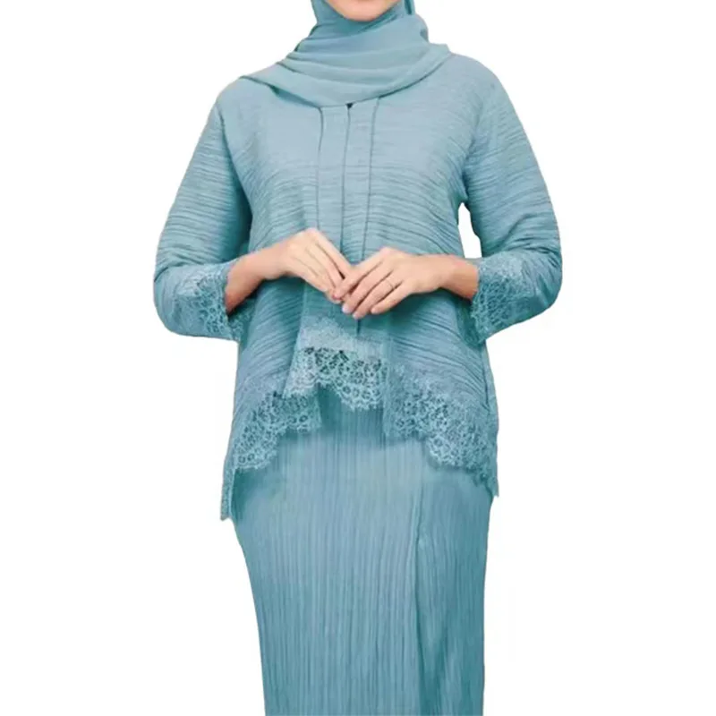 

2 Piece Set Muslim Women Abaya Lace Pleated Tops Blouse Maxi Skirt Suit Dubai Kaftan Islam Turkey Arab Dress Eid Ramadan Clothes