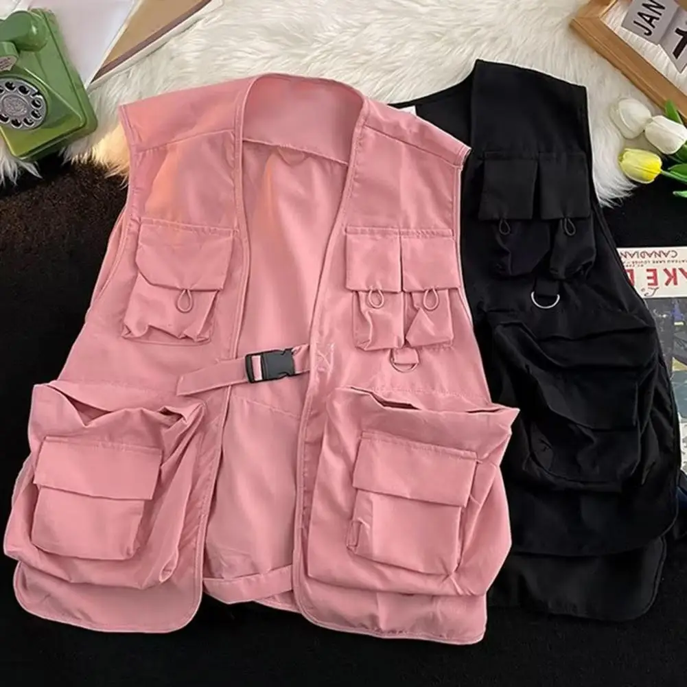 Men Vest Jacket Streetwear Cargo Vest with Multi Pockets Buckle Closure for Men Women Hop Style Waistcoat for Urban Fashion Vest