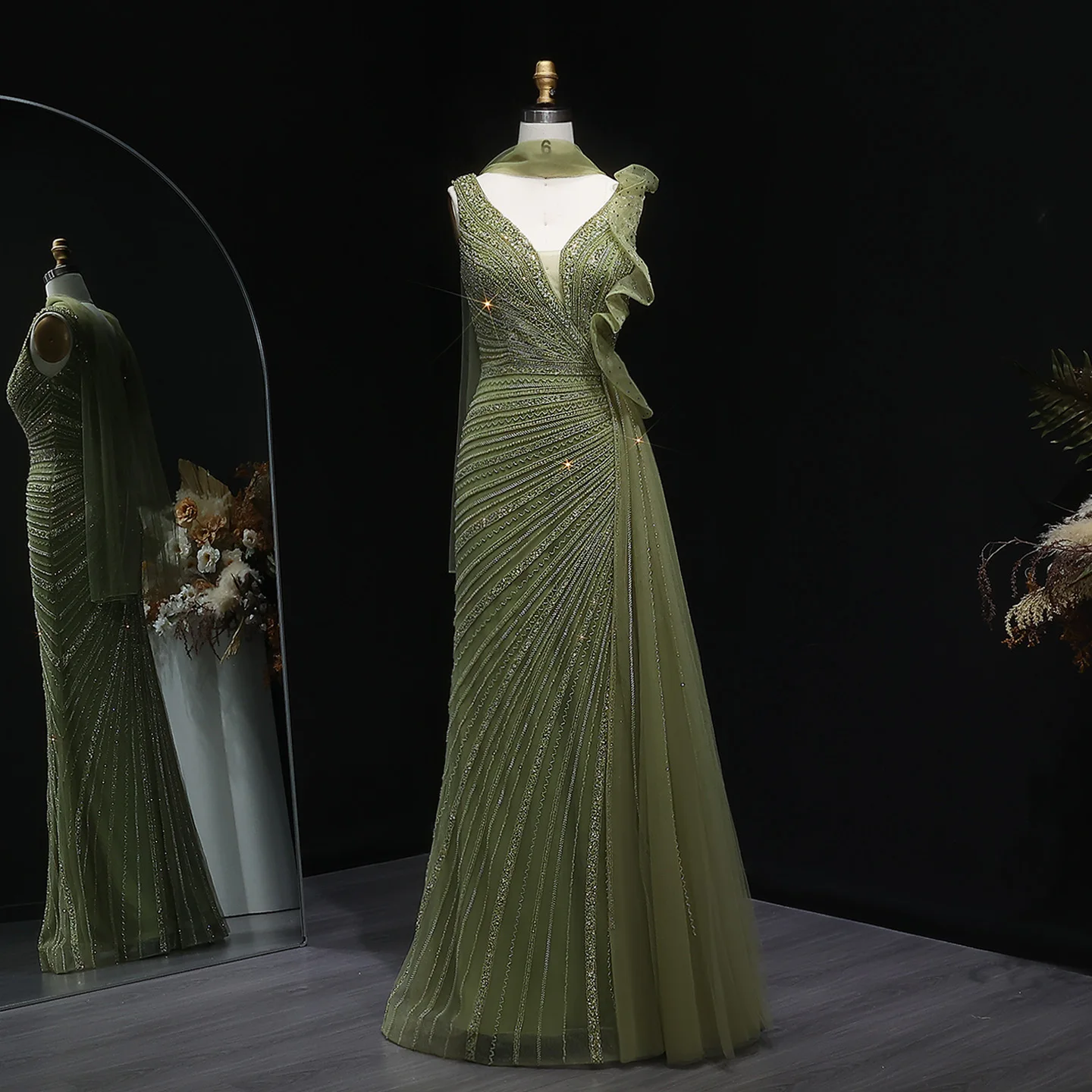 

Sharon Said Olive Green Beaded Mermaid Evening Dress Side Skirt Ruffles Prom Party Gowns for Women Wedding SS189 Customized