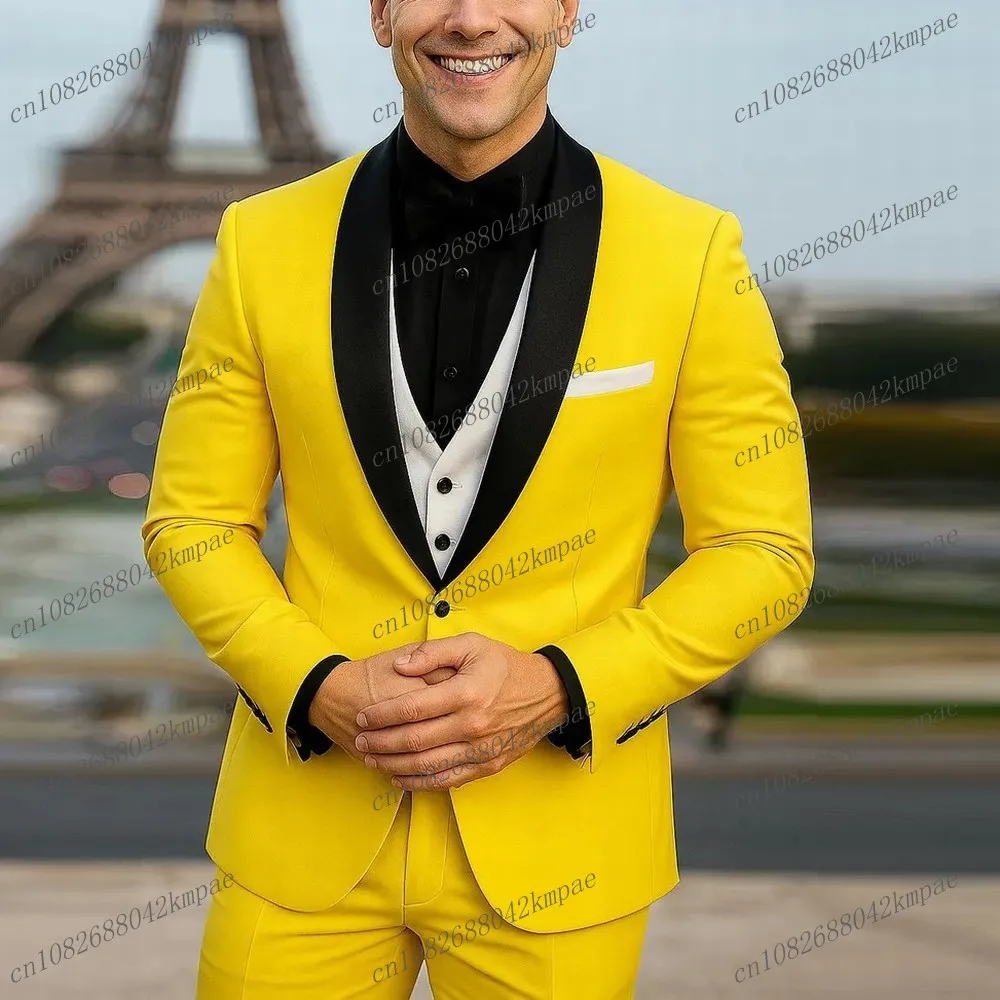 

Черный, желтый, белый, деловой мужской костюм, жених, жених, свадебная вечеринка, выпускной, деловые мужские смокинги, комплект из 3 предметов, пиджак, жилет, брюки