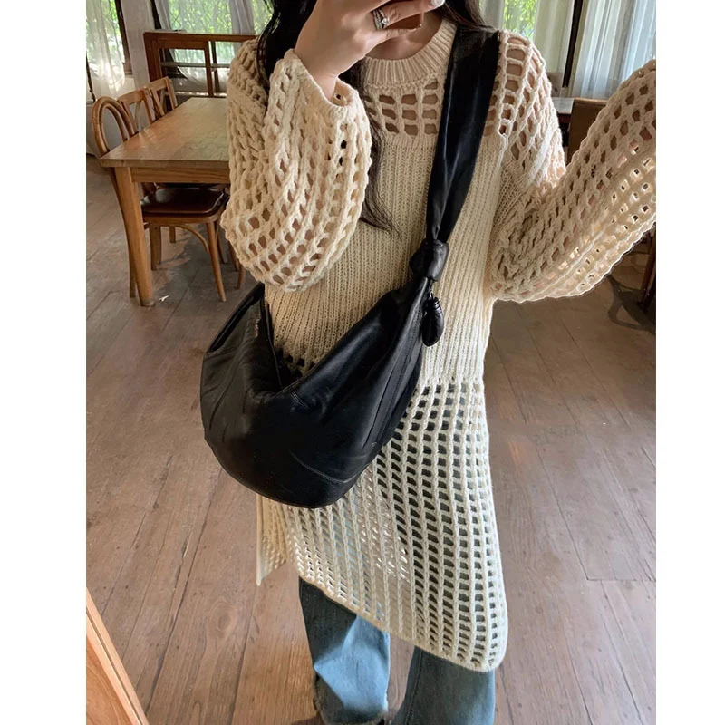 Solid Color Knitting Dress Fashion Summer Dresses 2024 Loose Casual Temperament Hollow Out Sweater O-neck Split Women New