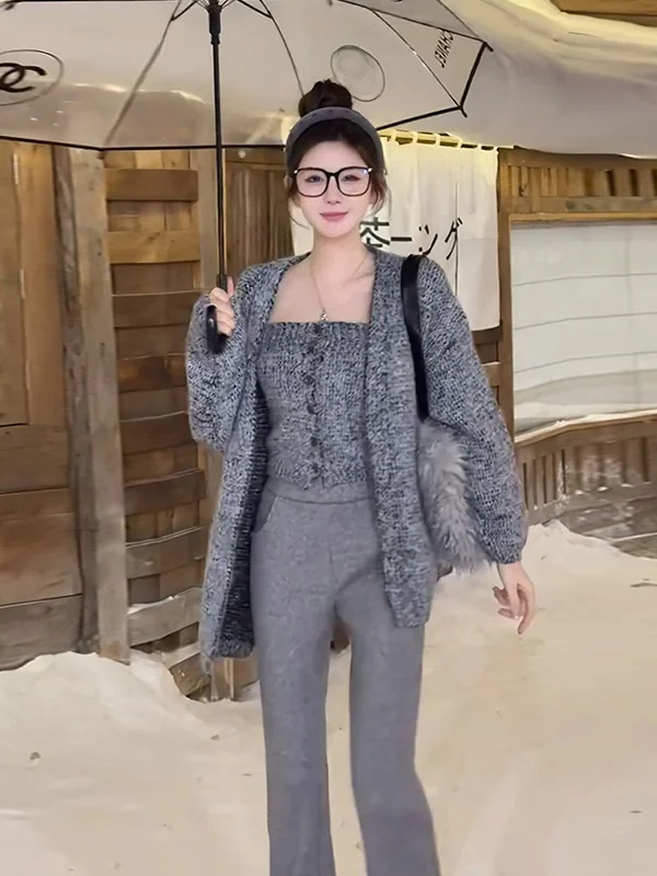 

Autumn Winter Knitted Sweater Set Lazy Retro Soft Long Sve Tube Top Open Cardigan Vest Top oulder Baring One oulder