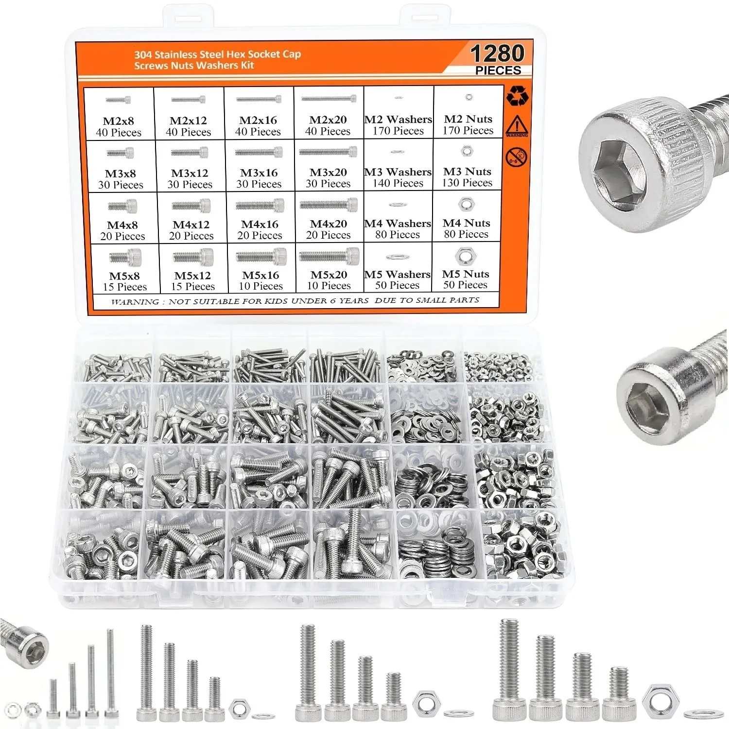 1280PCS M2 M3 M4 M5 304 Stainless Steel Hex Socket Cap Screws Bolts Washers Nuts Kit Grade A