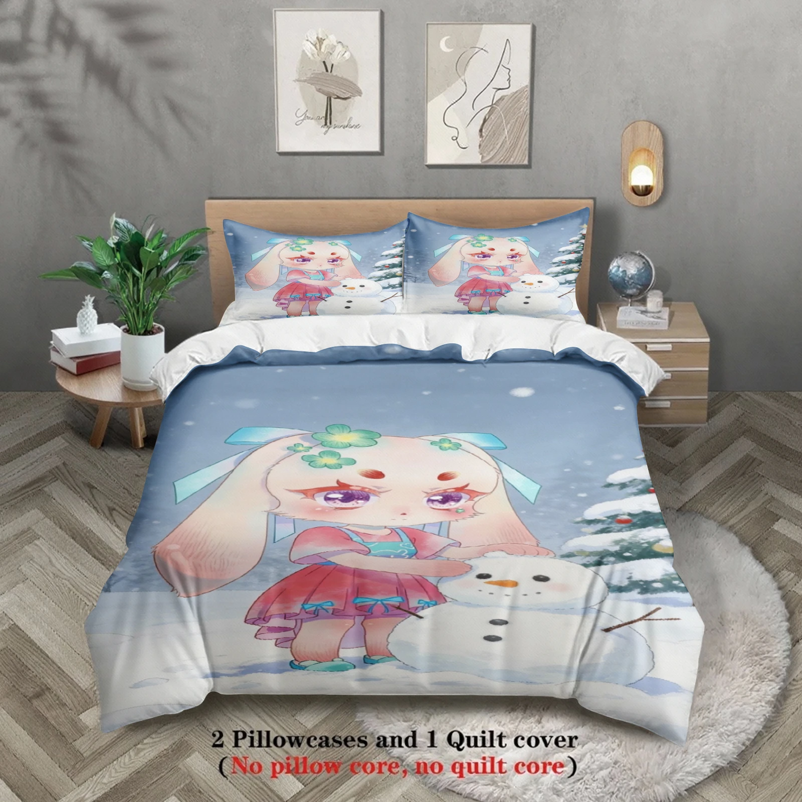 

Softville Cozy Town 3PCS Bedding Sets Lop Rabbit Snowman Winter Printed Duvet Cover No filling Cartoon Style Queen King Size