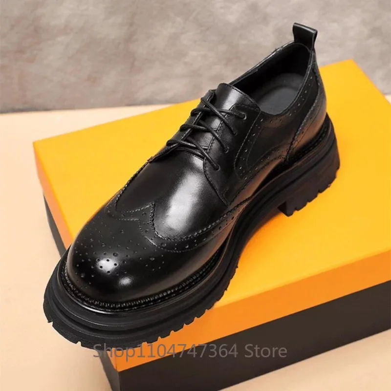 British Big Round Toe Brogue Shoes Breathable Men Premium Genuine Leather Thick Sole Wedding Shoes Business Casual Derby Shoes