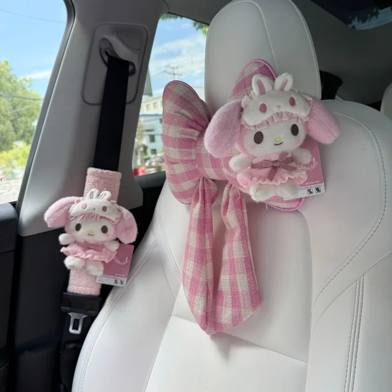

Sanrio Eye Mask My Melody Bow Car Headrest Anime Doll Accessories Cartoon Seat Belt Protective Cover Seat Pillow Car Decoration