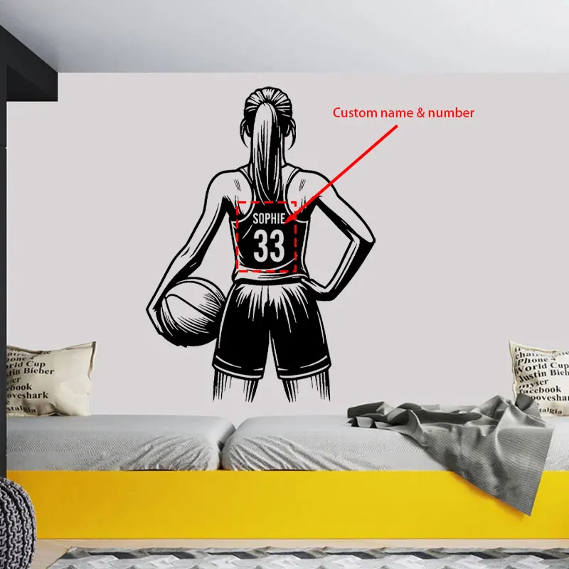 Customizable Name and Number Basketball Girl Wall Decals Vinyl Home Decor for Girls Room Bedroom Sport Sticker Personalized Z650