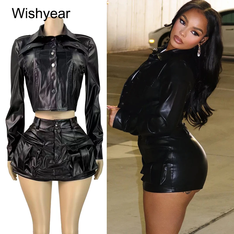 

Винтажная черная куртка из искусственной кожи с длинными рукавами, укороченные топы и шорты, юбки, комплект из 2 предметов, сексуальная мотобайкерская одежда для ночного клуба, бара y2k