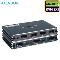 4K@60HZ for HDMI -Compatible KVM USB Switch 2X1 with Remote 2 Port 2-in-1 KVM Switcher Supports 2PC Computers & 4 USB2.0 HDMI2.0
