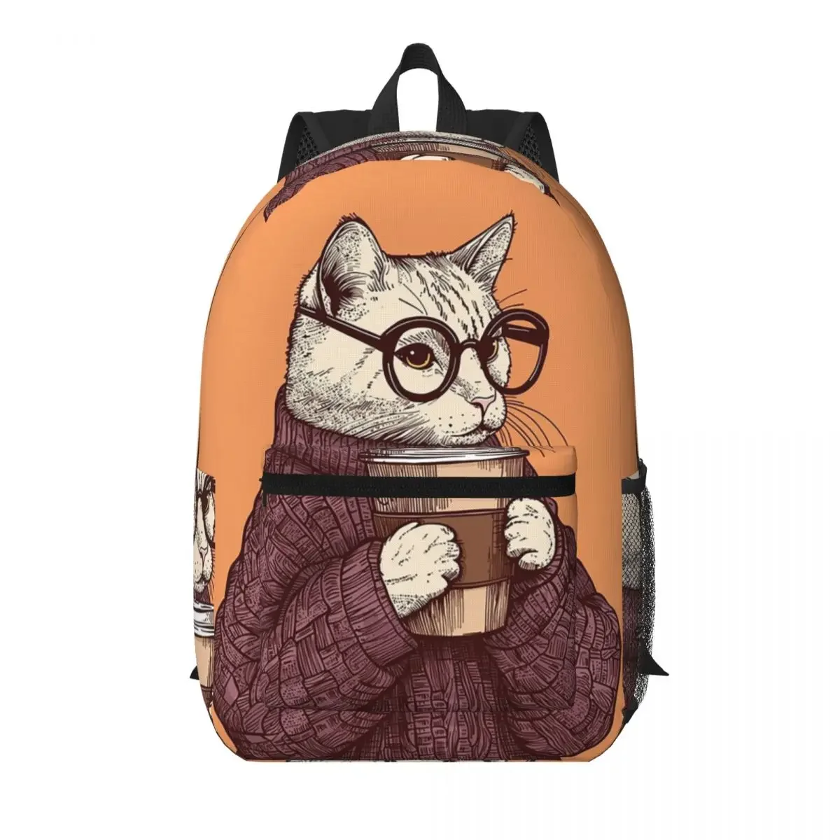 Cat Kitten Wear Pink Sweater Drink Coffee Student Backpack School Bag Hiking Travel Daypack for Boys Girls Bookbag Shoulder Bags