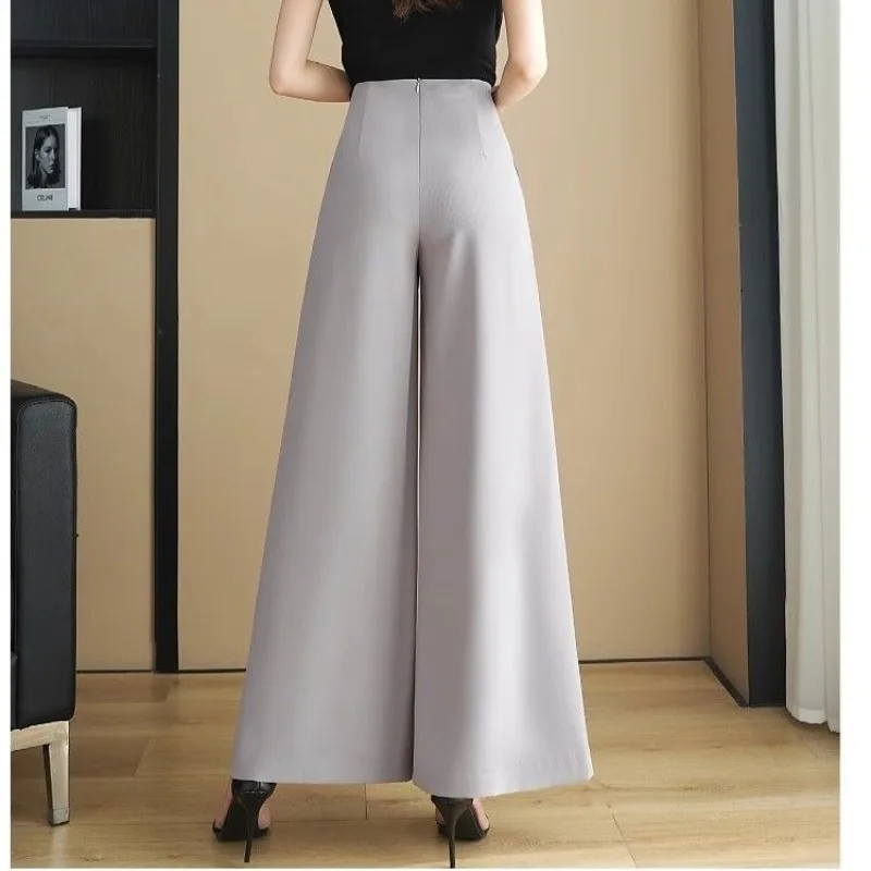 Fashion Commute Vintage Summer Pants Women\'s Solid Color Spliced Button Folds Loose Straight High Waist Casual Wide Leg Trousers