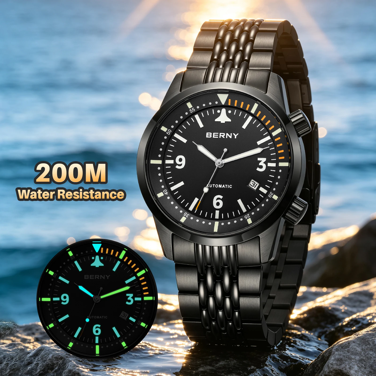 Relojes automáticos BERNY para hombre, 20ATM, acero 316L de alta calidad, zafiro luminoso con revestimiento AR, reloj de pulsera mecánico de lujo ST1612 para hombre