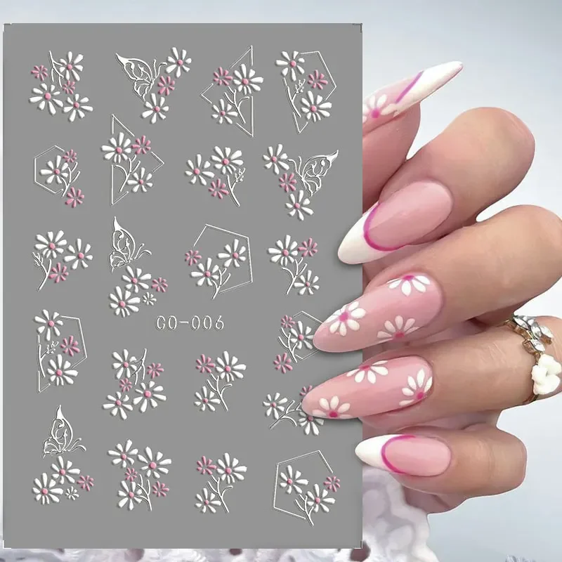 Autocollants 3D en relief pour ongles, fleur blanche, décalcomanies pour nail art, décalcomanies adhésives