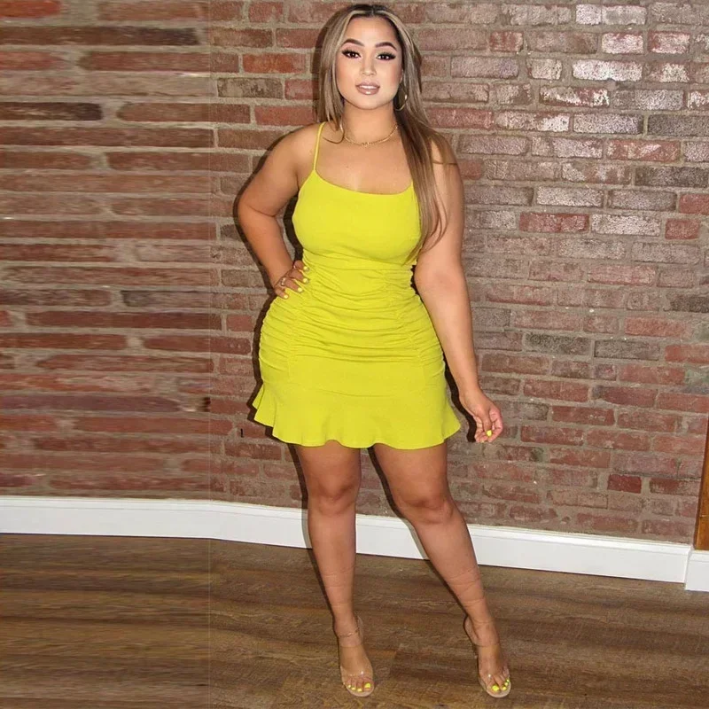 Guwu cinta de espaguete ruched babados hem sereia bandagem mini bodycon vestido feminino verão sexy vestidos de festa