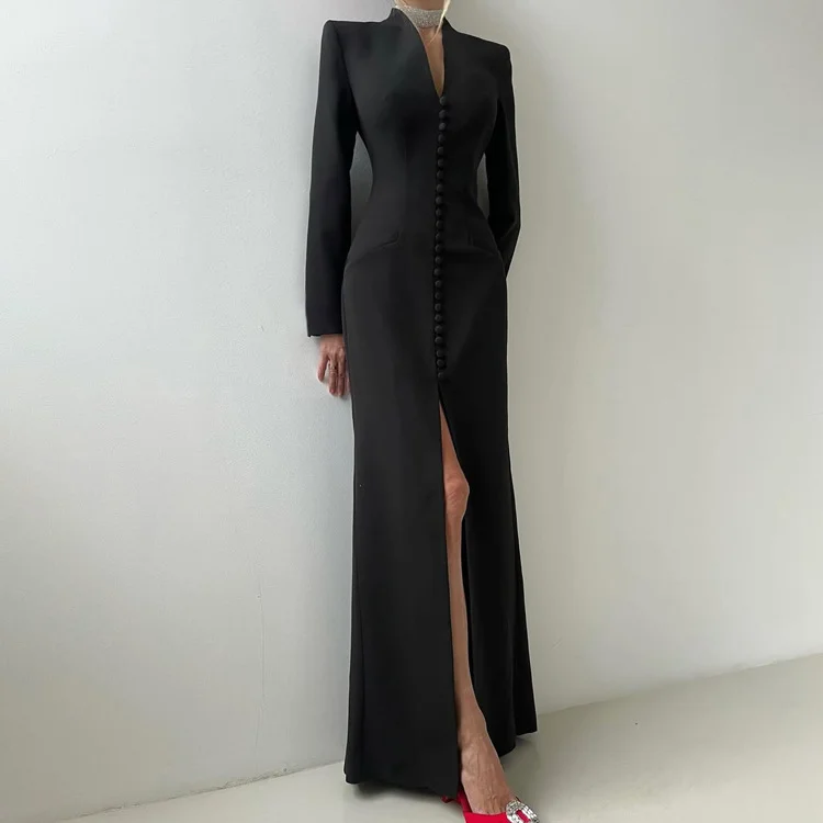 Abito da donna sottile sexy 2025 Moda scollo a V manica lunga abiti alla caviglia Elegante abito classico con spacco femminile Robe De Soiree