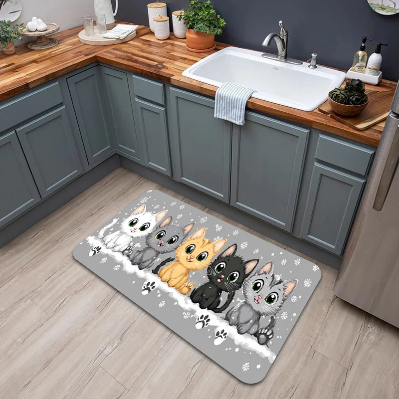 Cute Cartoon Kitten Print Long Runner Rug Non Skid Decorative Floor Carpet for Household Indoor Cooking and Hallway Ornament