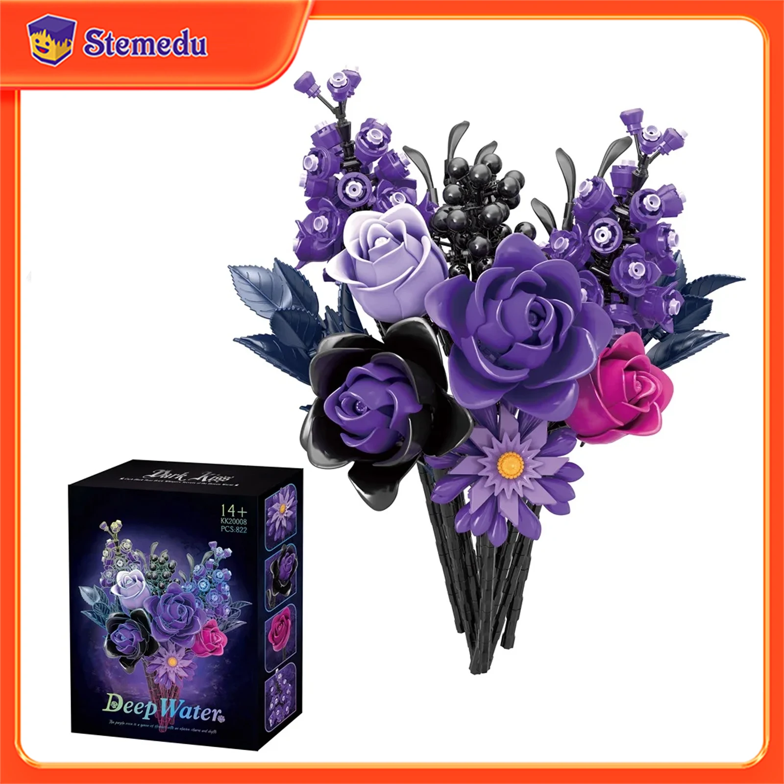

822PCS MOC Gothic Purple Rose Flowers Building Blocks Artificial Botanical Decor Toys Valentines Girlfriend Birthday Bricks Gift