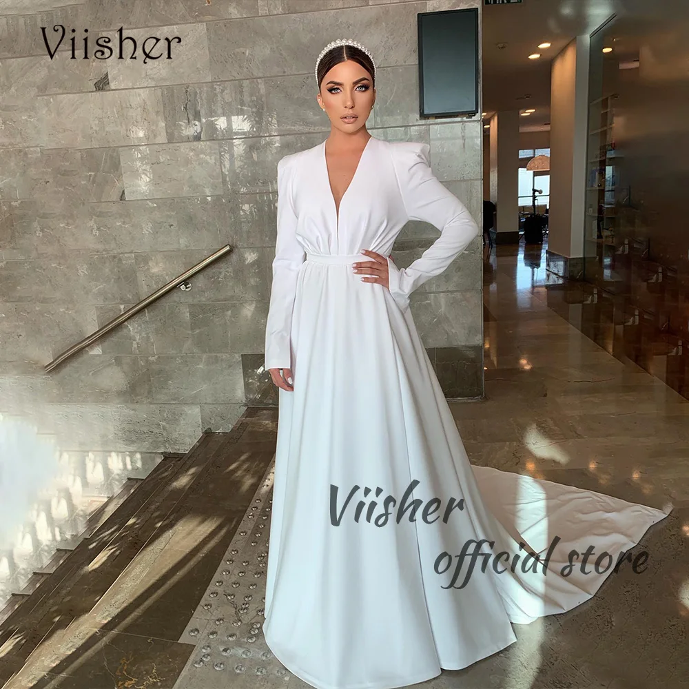 Viisher-Vestidos De Casamento Civil Simples Branco, Mono Cetim, Manga Longa, Vestidos De Noiva Elegantes, Vestido De Dama Longo Chique