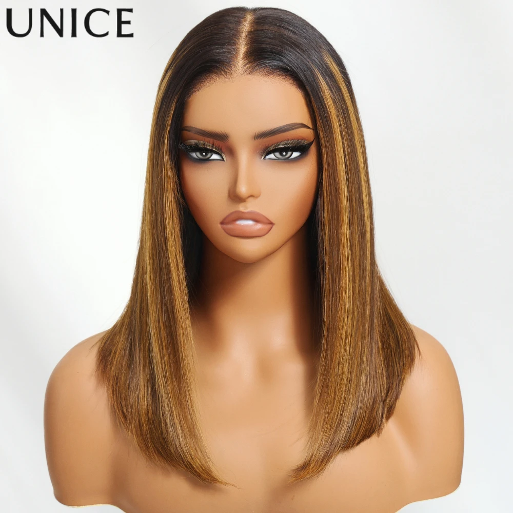 UNice Brown With Blonde Piano Highlights Blunt Bob Wig With Dark Roots No-Slip 7x5 Pre Cut Pre Bleached Glueless Human Hair Wigs