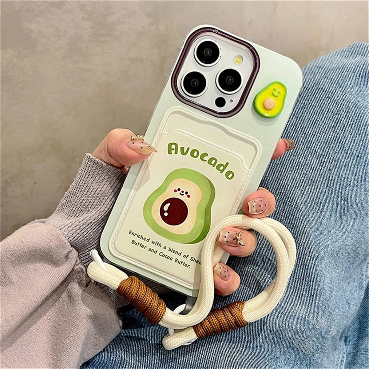 Korean Sweet 3D Avocado Fruit Wallet With Chain Phone Case For iPhone 15 14 13 11 12 Pro Max Card Holder Bag Strap Soft Cover