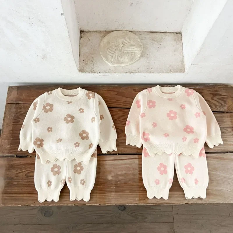 Baby Girl Floral Knit Set Korean Style Toddler Cotton Sweater Outfit Sets Loose Fit Infant Sweater Top & Pants Set for Girls