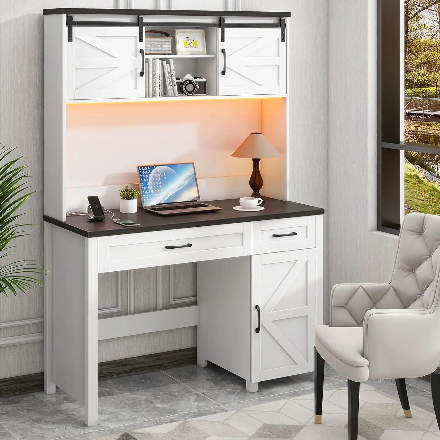 

Farmhouse 47 Executive Desk, Computer Desk with 2 Drawers, LED Light and Storage Cabinet, Home Office Desk with Hutch, C