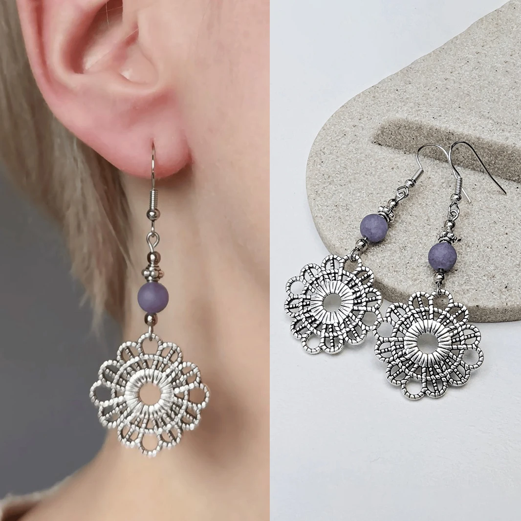 Bohemian Silver Flower Drop Earrings Vintage Hollow Out Ethnic Style Dangle Earrings For Women Jewelry