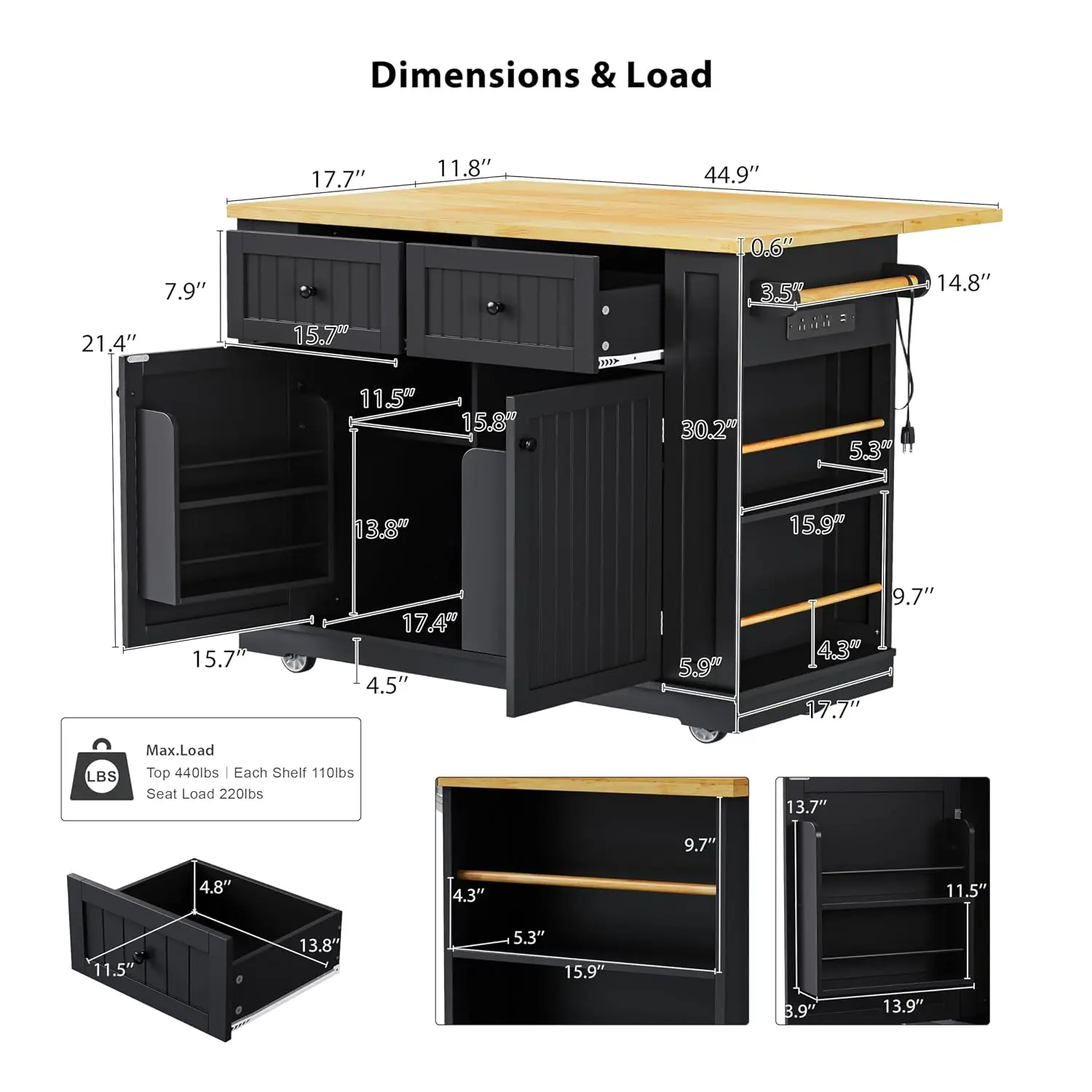Large Kitchen Island with Drop Leaf & Power Outlet, 48 Inch Rolling Cart, 5 Wheels, Storage Racks & 2 Drawers, Black, Customized