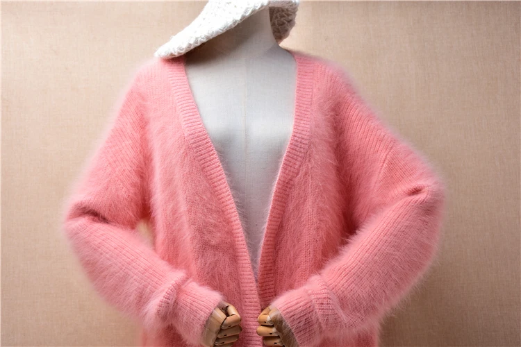 Ladies Women Fall Winter Clothing Pink Hairy Angora Rabbit Hair Knitted Long Sleeves Loose Long Sweater Cardigans Mantle Jacket