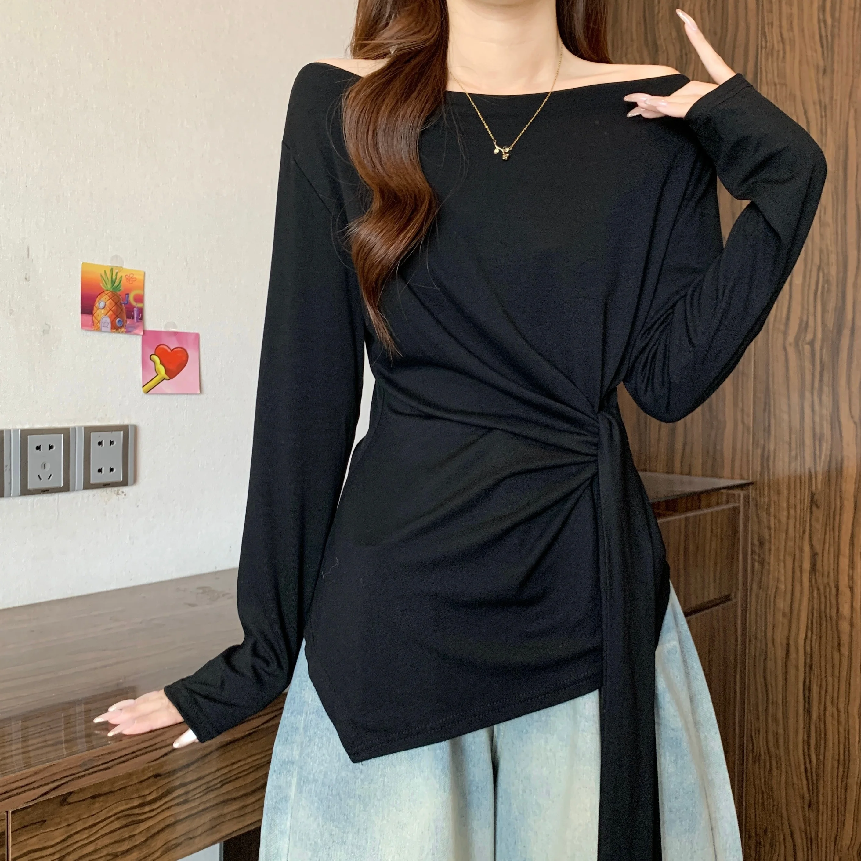 Loose Black Long Sleeve T-Shirt Women's Casual Style plus Size Fashionable Autumn Design Sensation Slimming Effect Top