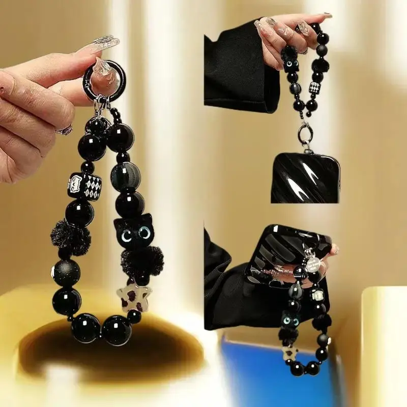 Niche High-End Black Plush Cat Mobile Phone Lanyard Bead Bracelet Wrist Strap Car Keychain Bag Pendant Wristband car keychain