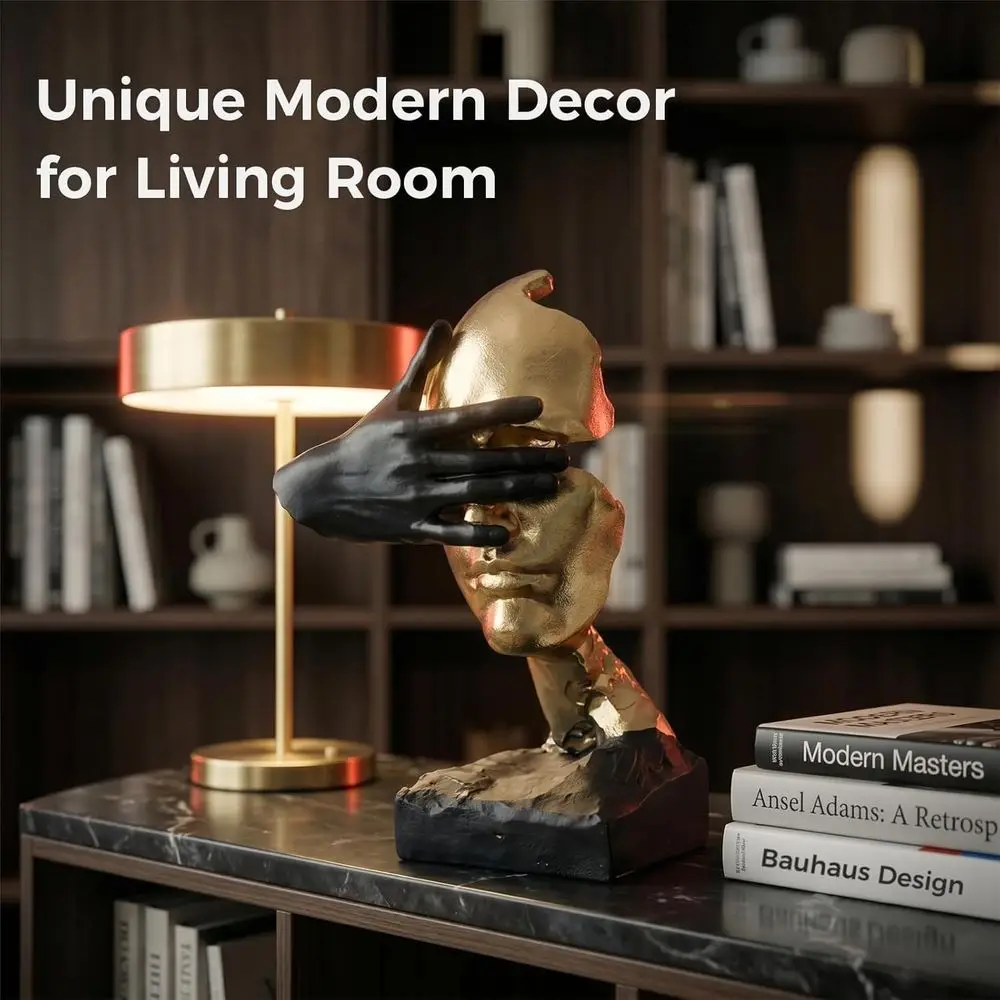 Abstract Home Decor Accents Resin Sculpture | Metallic Gold Resin Abstract Thinker Statue Decor, Artistic Home Sculpture, Tablet
