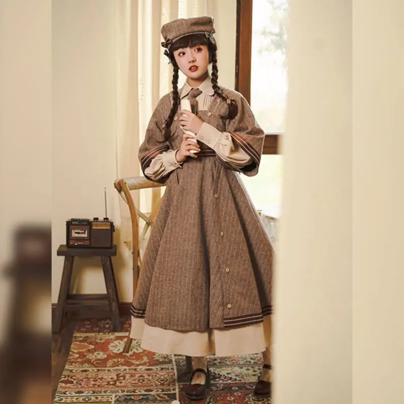 Coalfell Autumn and Winter Military Style Temperament Vintage Detective Woolen Dress with Tie Lolita 2023 New Edition