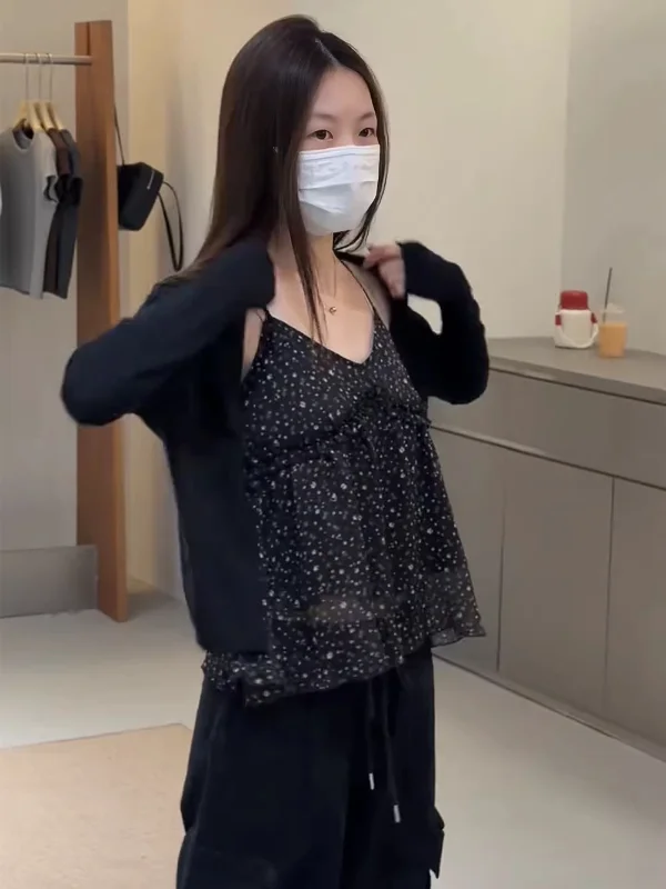 

plus Size Floral Print Crop Top And Black Cardigan Set Beautiful Casual Style Spring Summer Fashion Women's Two-Piece Suit