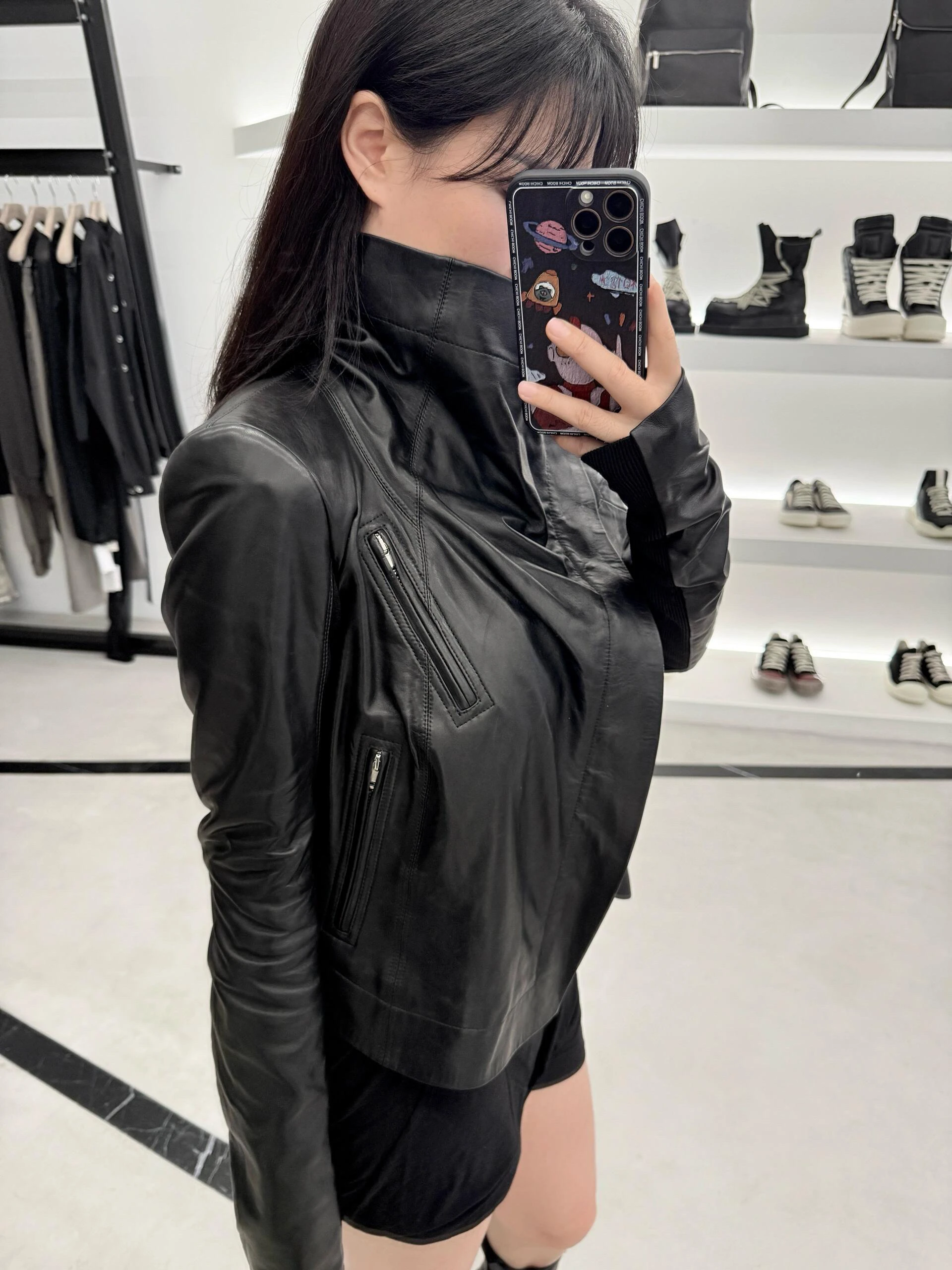 Slim Fit Biker Jaet k RO Sle Stand Collar Cintura Cinching Desconstruido Heavy Du Cuello alto Cremallera PU Abrigo de cuero W...