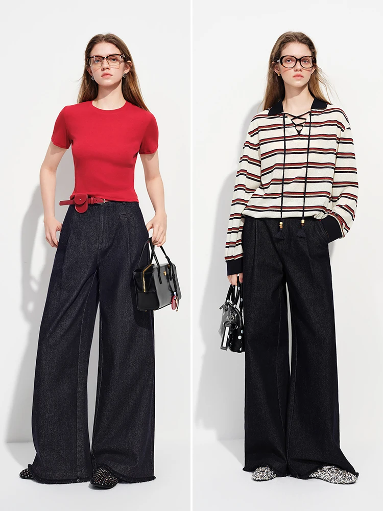 Hoge taille wijde pijpen jeans dames losse pasvorm denim lente 2026 nieuw ontwerp afslankende broek woon-werkverkeer katoen knoopsluiting