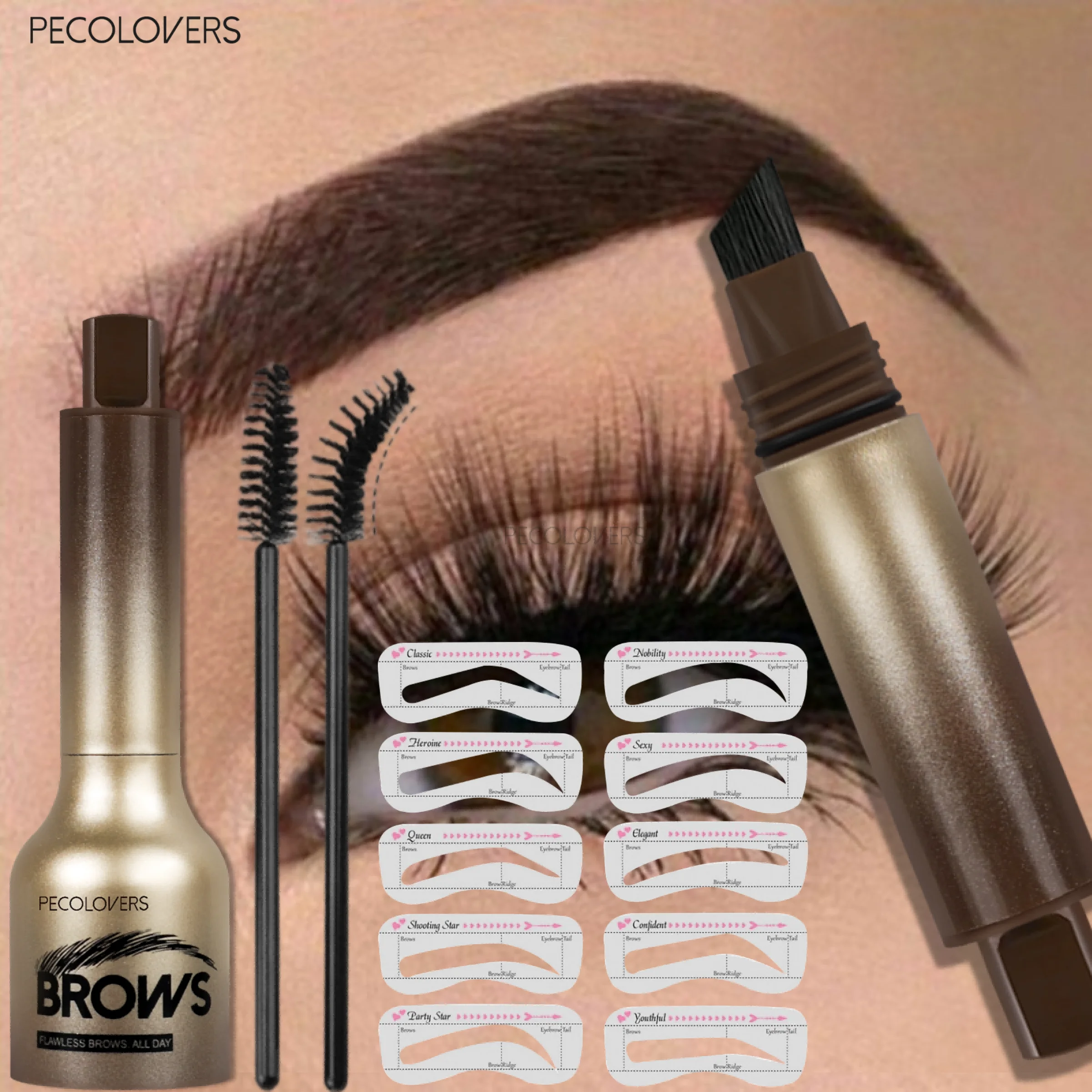 Professional 4 Pcs Eyebrow Products Makeup Set - Eyebrow Stamp & Eyebrow Powder & Small Brush, Fill The Shapes of Eyebrow