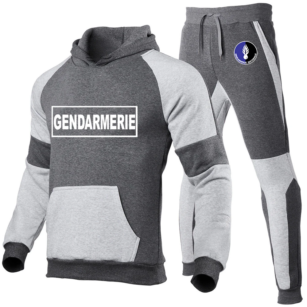 2025 Wiosna Jesień Francuska Żandarmeria Logo Nadruk Outdoor Patchwork Zestawy sportowe Mężczyźni Pullover Bluzy z kapturem + Wygodne spodnie dresowe Garnitury