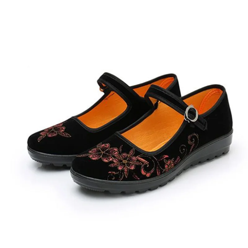 Women Fashion Round Toe Light Weight Floral Embroidery Hotel Work Shoes Lady Casual Dance Flat Shoes Zapatos De Mujer A103